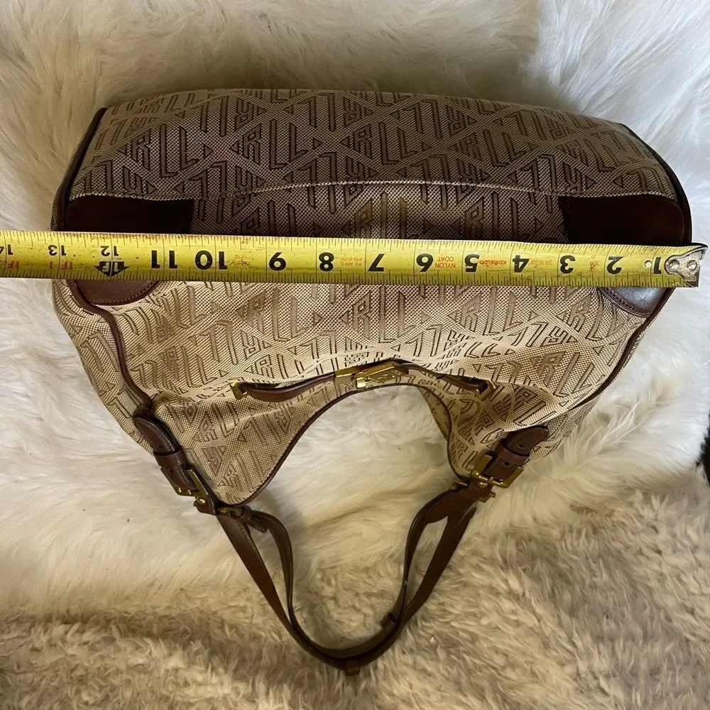 Ralph Lauren Logo Canvas khaki&brown Hobo Bag leather brown straps brass accents